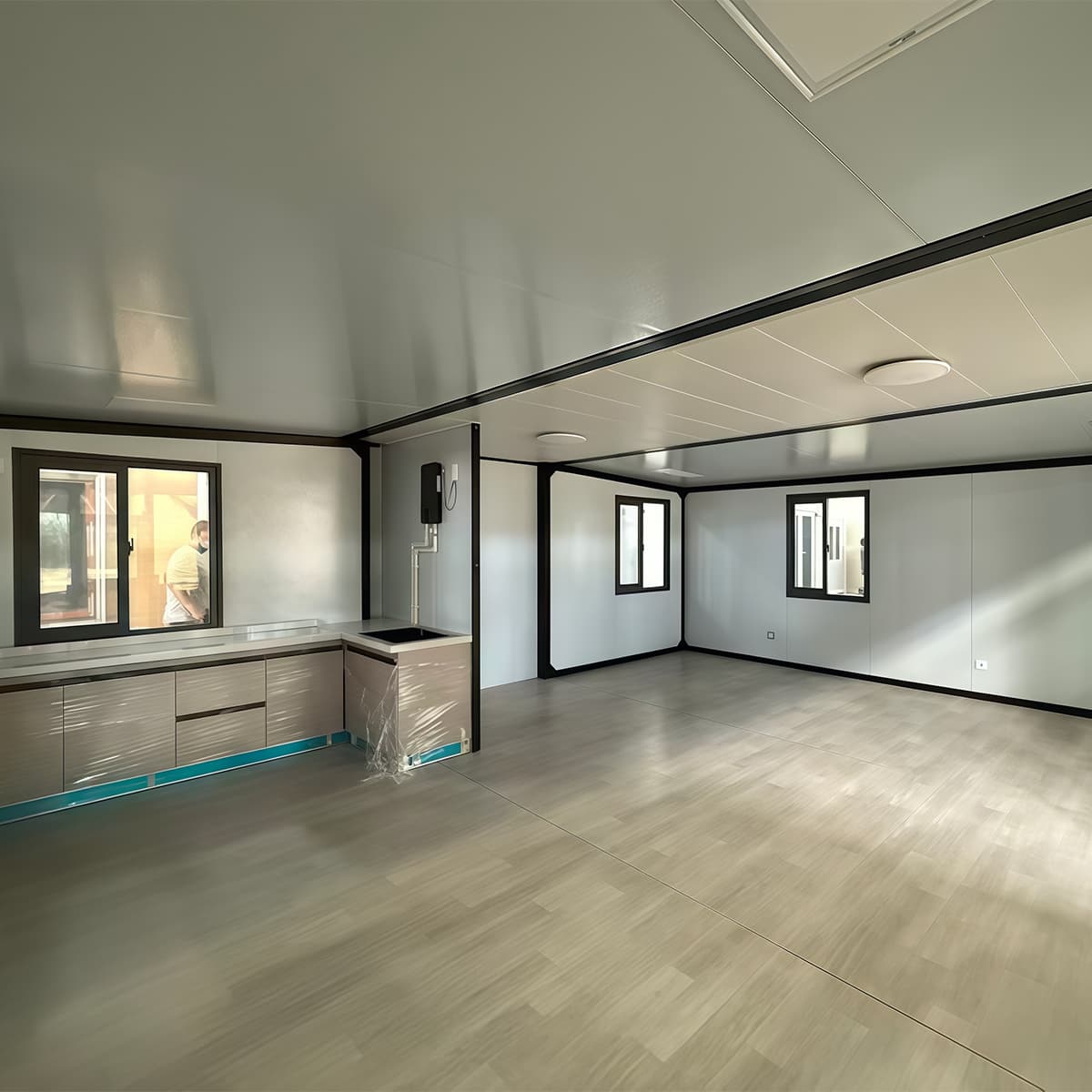 Finished container interior with kitchen counter