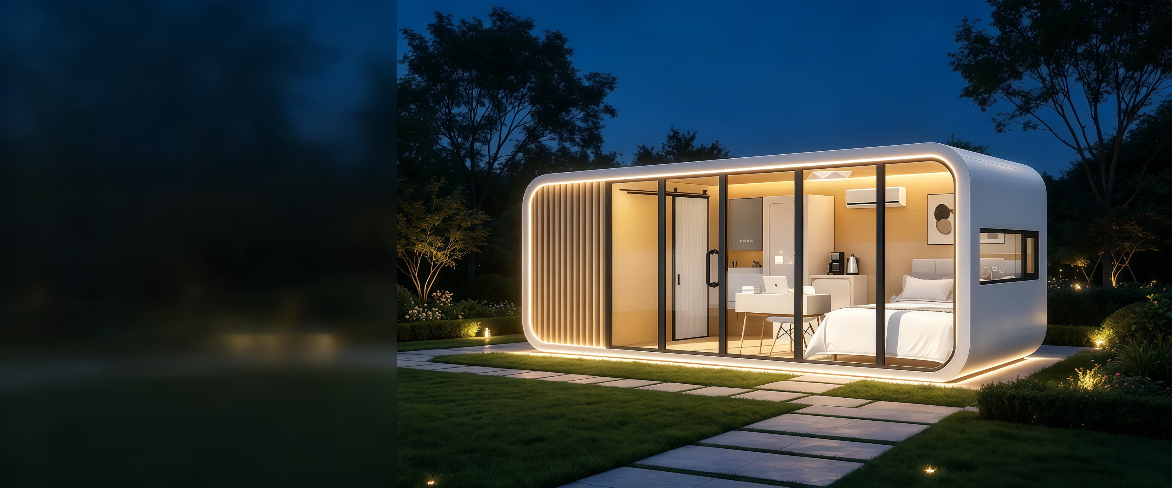 Illuminated hospitality cabin in a landscaped night setting