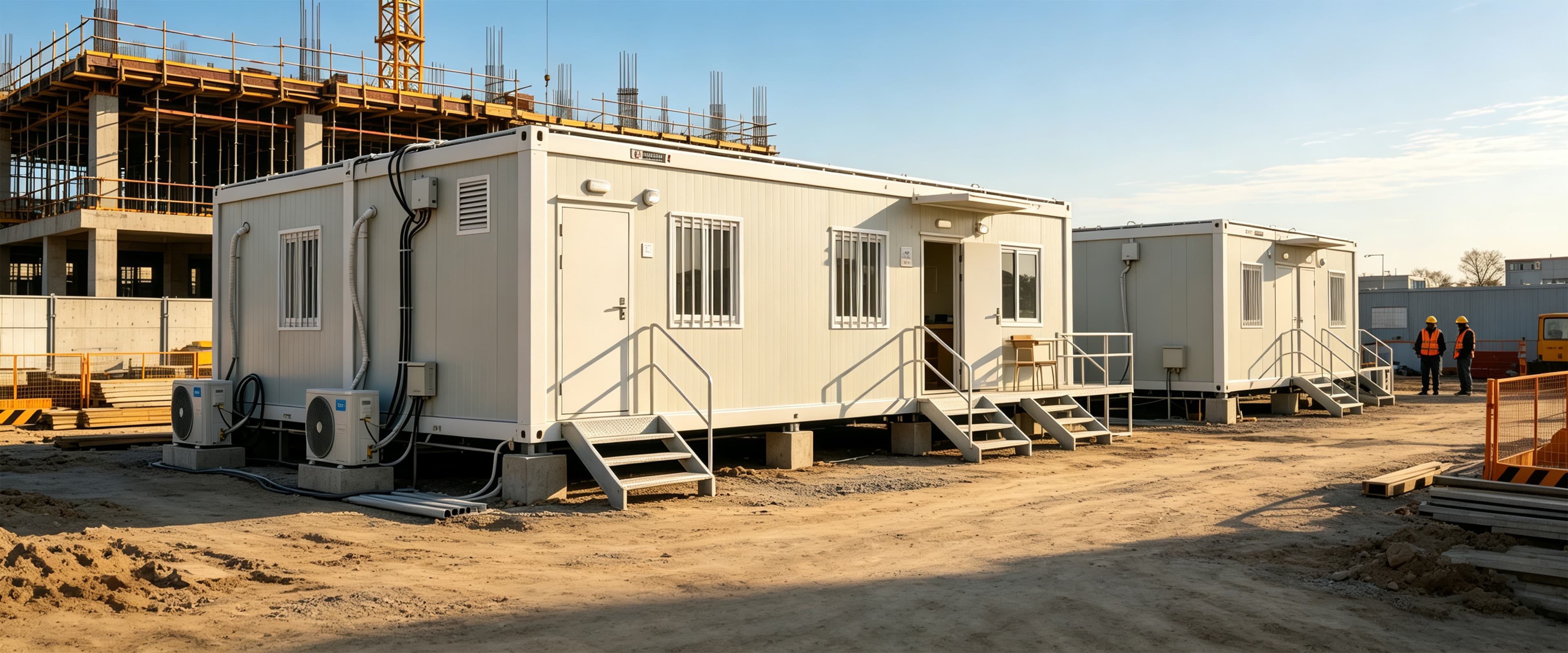 Portable functional cabins installed at a construction site